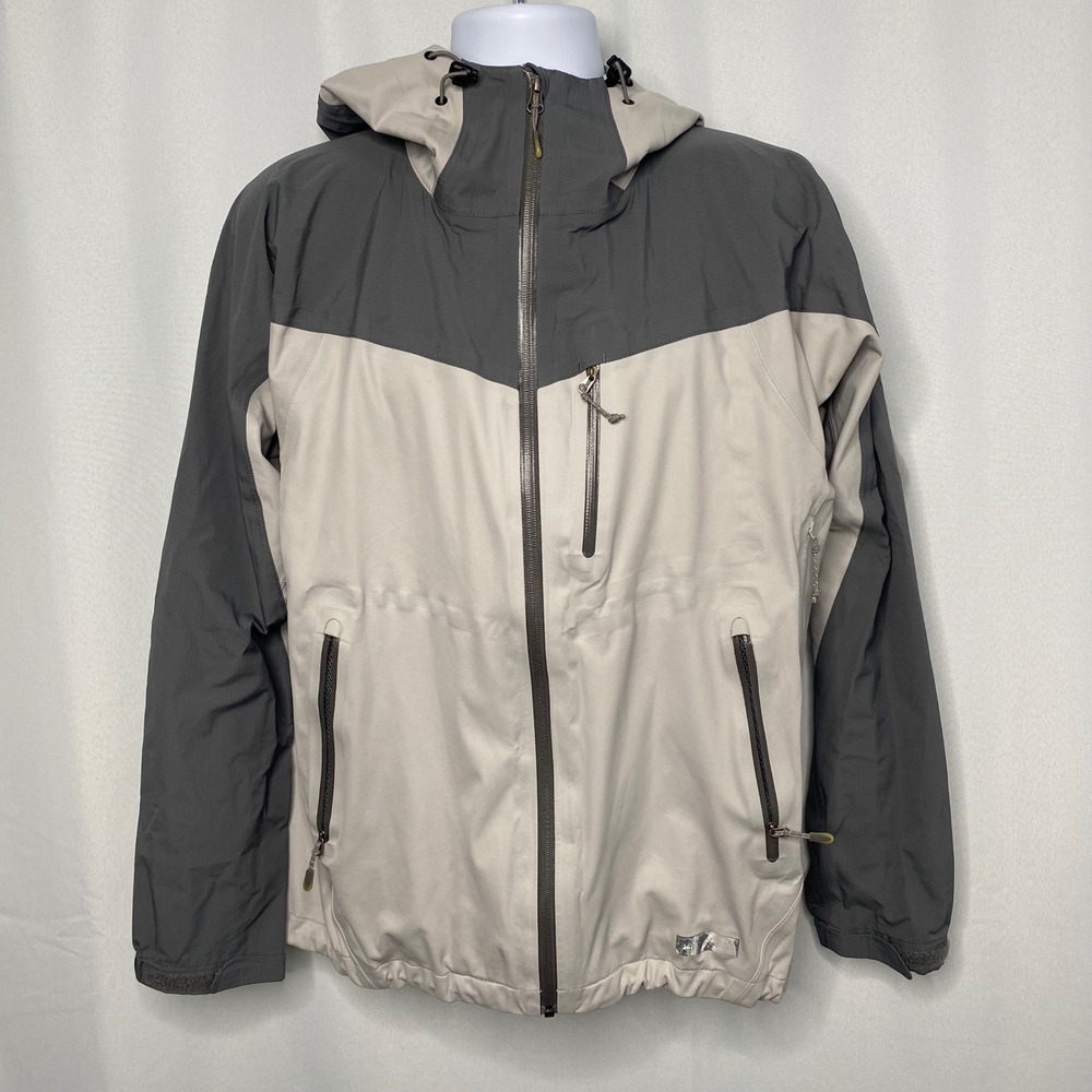 REI Womens XL Gray Tan Colorblock Hooded Rain Jacket Technical Shell Full Zip